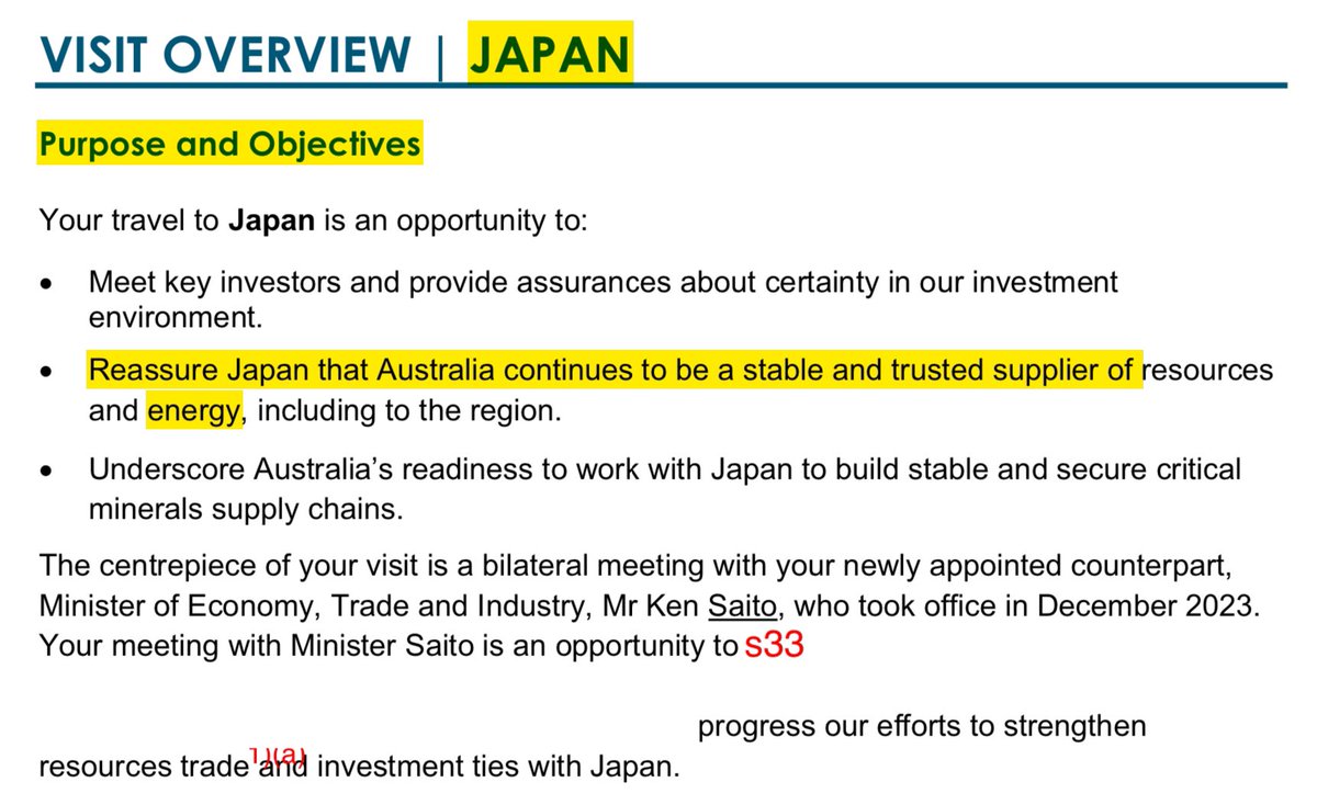 Those who think that @AlboMP’s Govt intends stopping fossil fuel exports any time soon should look at the brief given to the Minister for Resources, @MadeleineMHKing, on her recent visit to JAPAN. #auspol #ClimateActionNow #FOI