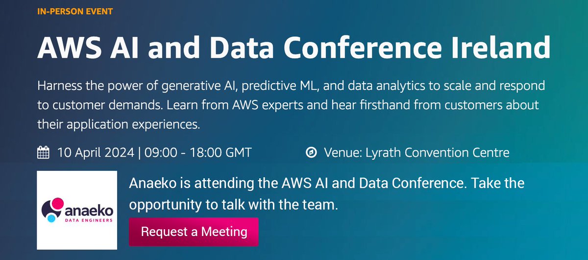 AnaekoLtd's tweet photo. Anaeko are in #Kilkenny at the AWS AI and Data Conference Ireland

Take the opportunity to meet with the team. 
👋 Book a meeting: https://t.co/eHent7wlfx

#AWS #Ireland #AI #Data #AnaekoDataEngineers @AWS_UKI @awscloud @AWSEvents @lyrath https://t.co/6qAOTlNDOJ