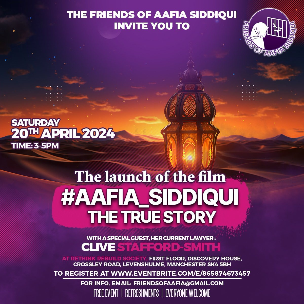 Manchester April 20: please do come to the launch of '#ِِAafia_Siddiqui The True Story'