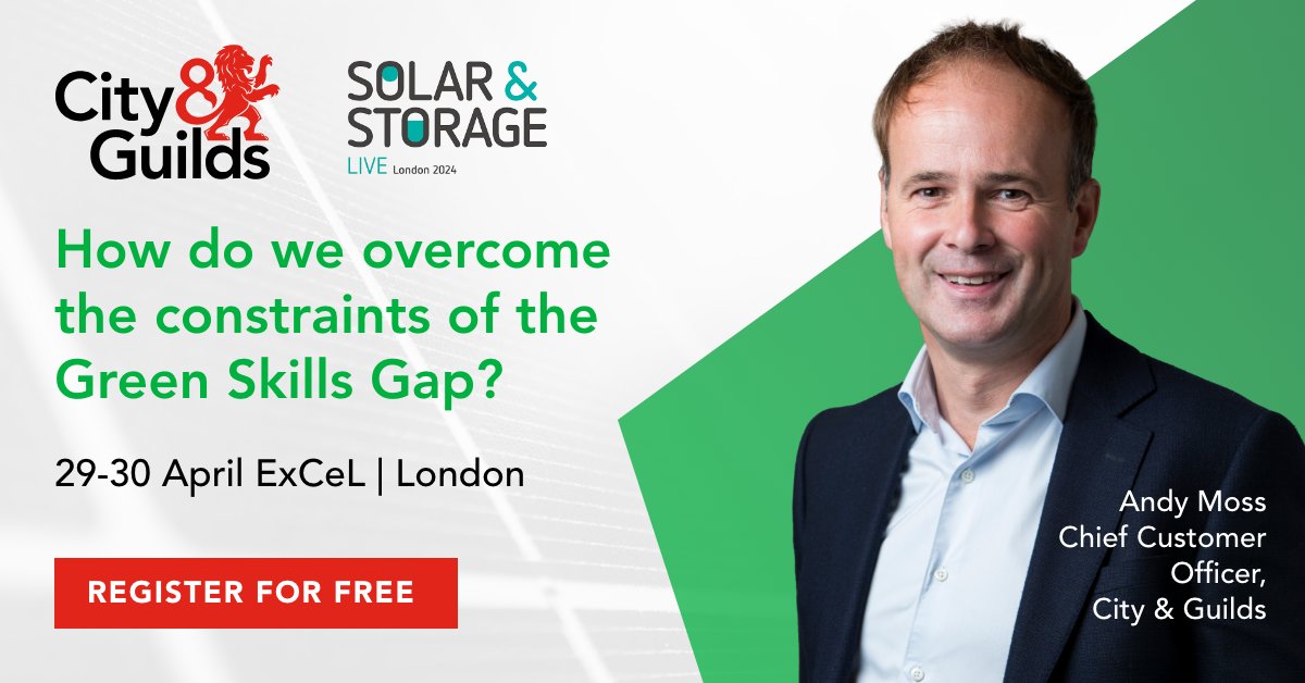 Only a few weeks to go until @SolarStorageUK takes over the ExCeL in London. 🙌 There will be 250+ speakers, including Andy Moss, Chief Customer Officer at City & Guilds, who’ll be discussing how we can overcome the green skills gap. Get your free ticket bit.ly/4ad1E9o