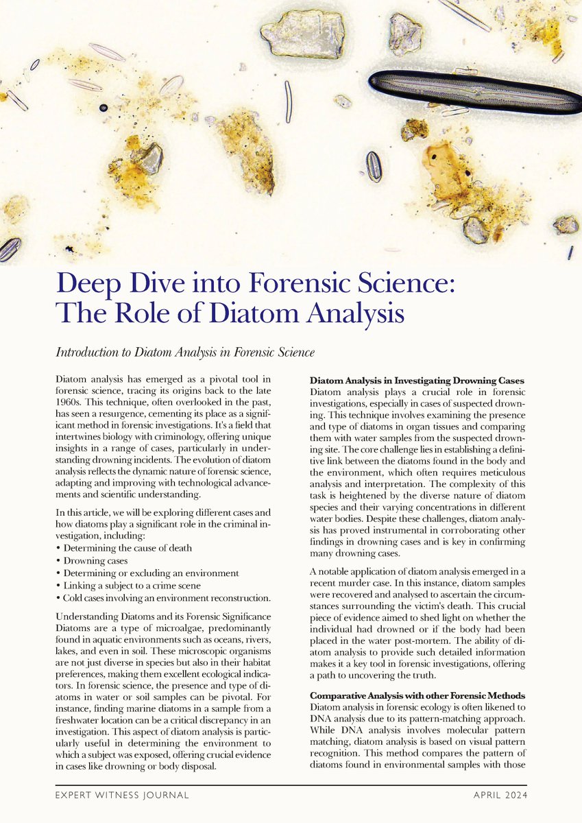 Have you read our latest article in @Searchline03? 

This article discusses the #forensic significance of diatom analysis, as well as the challenges, considerations and potential future advancements of this discipline. 

Read the article: ow.ly/wgaj50Rc13s 

#criminalcases