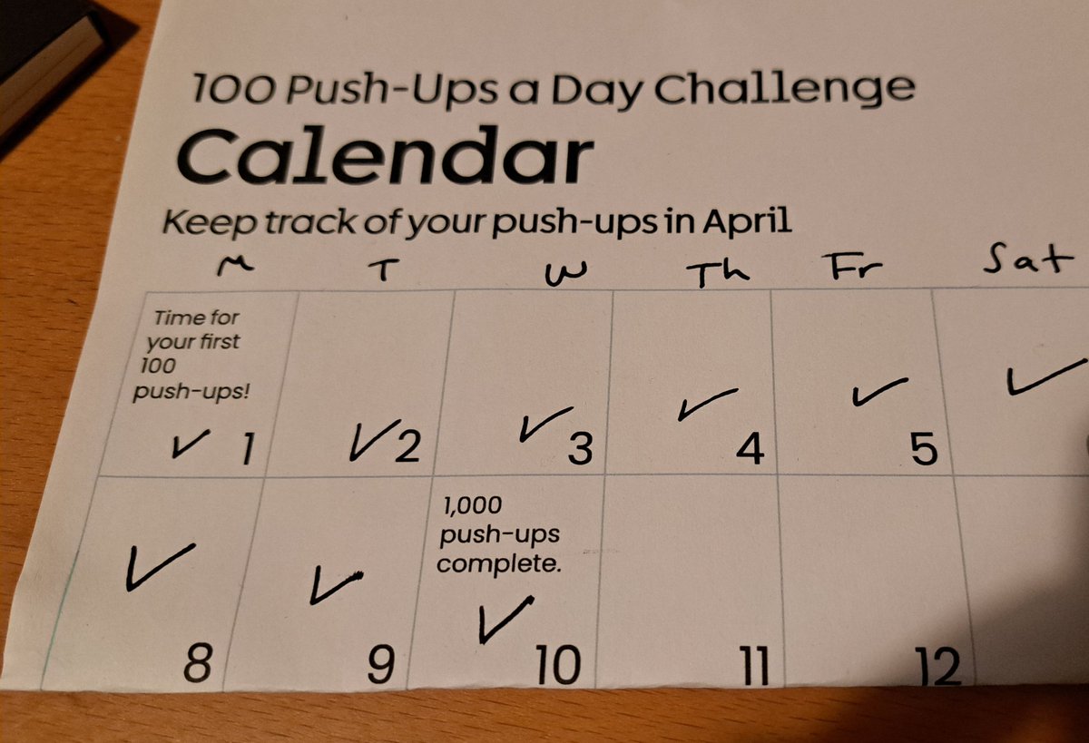 10 April. Day 10. 9:13am. Today's 100 done. That means 1,000 push-ups complete! 20 days to go. Thanks for the support so far!