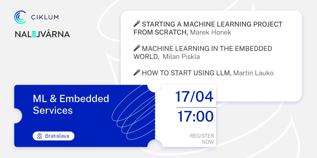 Attention tech enthusiasts from Bratislava! Join us on April 17th for our ML &amp; Embedded Services event. Explore innovative solutions, connect with like-minded professionals, and expand your knowledge. Secure your spot now! 👉🏻 landing.ciklum.com/nalejvarnameet…
#machinelearning #meetup