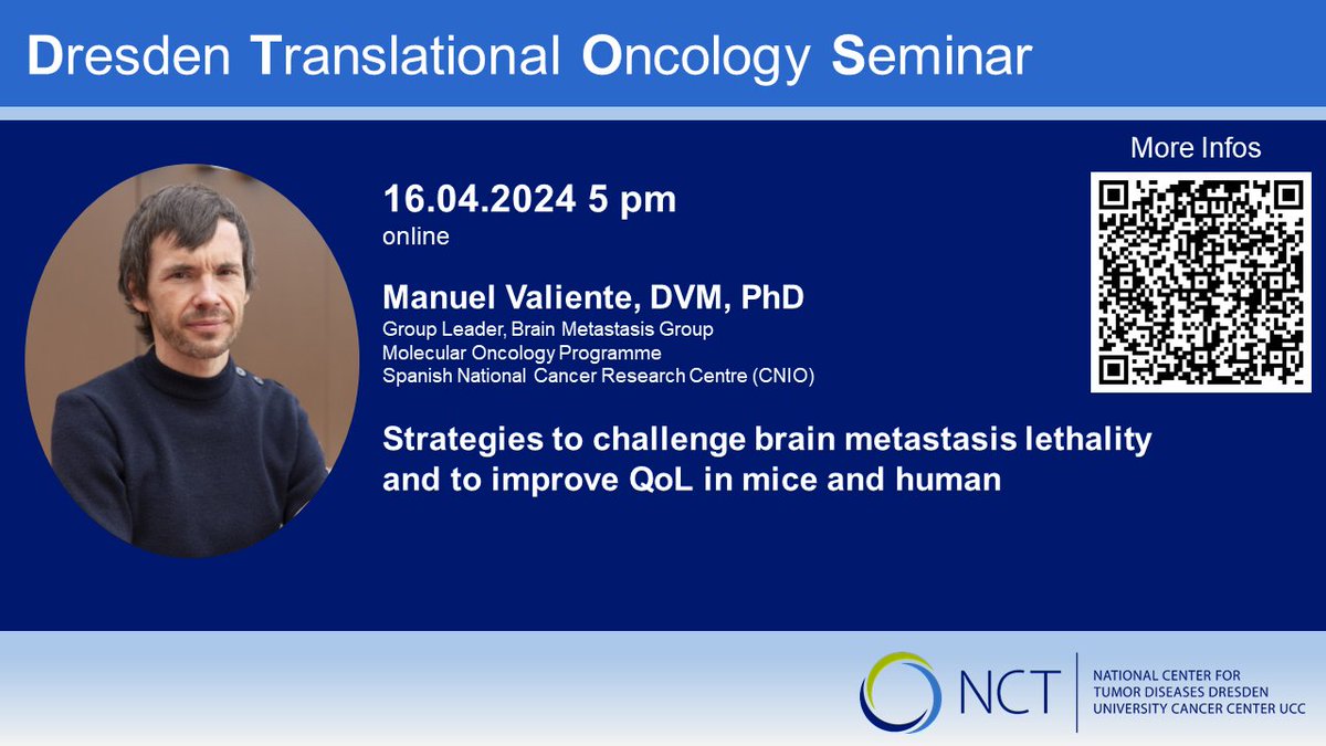 16.04. at 5pm – Seminar #NCTUCC: Manuel Valiente speaks about “Strategies to challenge brain metastasis lethality and to improve QoL in mice and human”. ➡️ nct-dresden.de/das-nctucc-dre… @valientelab @CNIOStopCancer