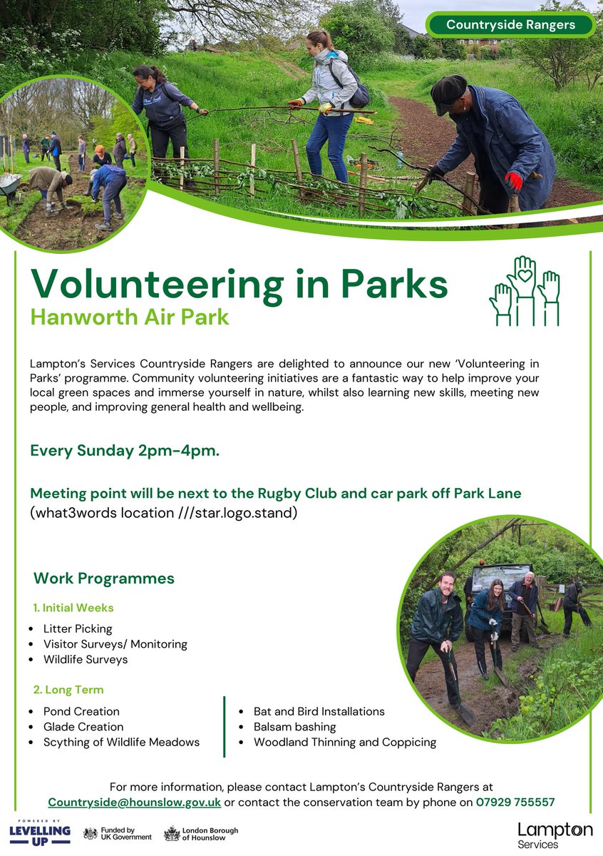 Come and join in with the weekly volunteer activities at Hanworth Air Park every Sunday 2 till 4pm. Thank you to the park rangers and @LBofHounslow for this fantastic line up to improve the park