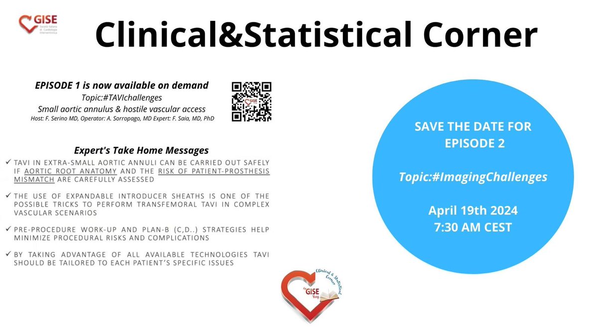 💻 Did you miss Episode 1 of #ClinicalCorner? 🔥Small aortic annulus & hostile vascular access is now available on demand gise.it 👇🏻See below for #TakeHomeMessages 🚨 Episode 2 is coming! #SaveTheDate 🗓️ April 19th, 7:30 AM CEST 🫀Topic: #Imagingchallenges