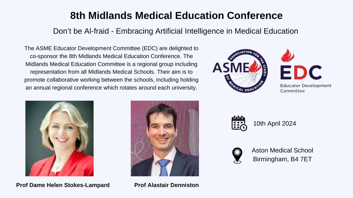 ASME EDC are delighted to be sponsoring the 8th Midlands Medical Education Conference which is taking place today😄Hope everyone has a good day! @HelenStokesLam @Denniston_Ophth #MidlandsMedEd24 #MedEd #MedTwitter
