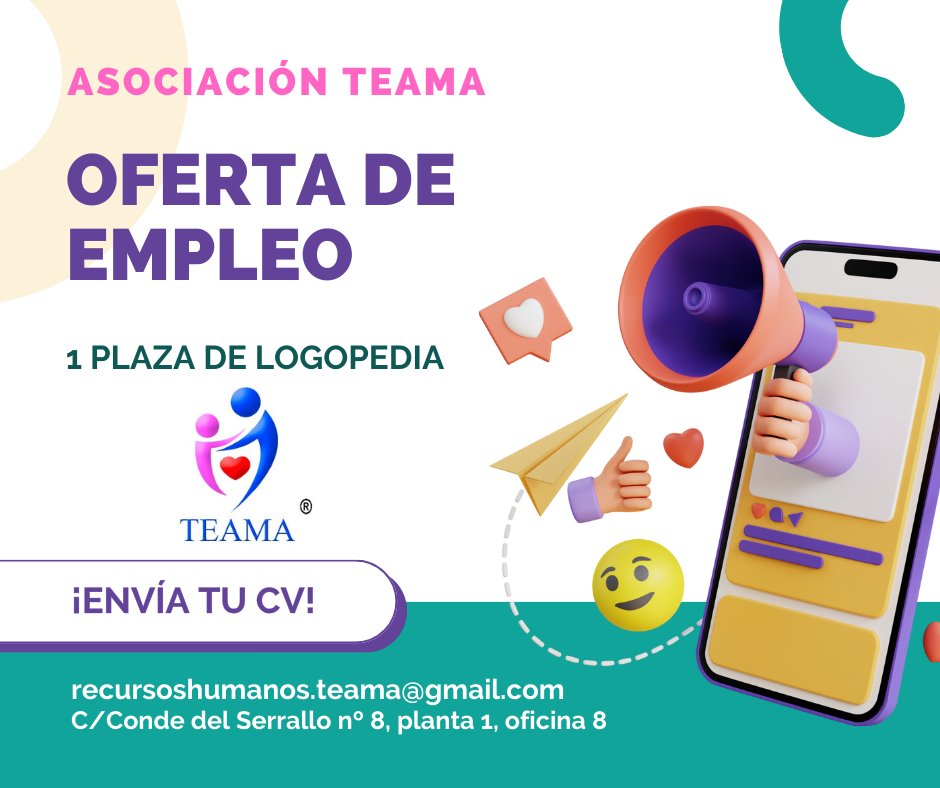 asoc_teama's tweet image. 📢📢 Oferta de empleo. Categoría: Logopeda.
ℹ️ interesados enviar CV a 📩 recursoshumanos.teama@gmail.com