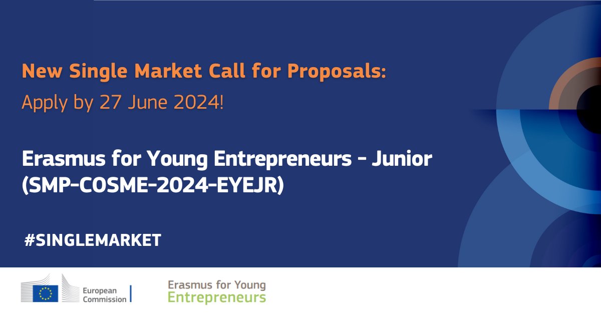 📢 New Erasmus for Young Entrepreneurs call! This call aims to select Intermediary Organisations to implement the #EYE programme at local level. They will be responsible for recruiting & matching #entrepreneurs with host entrepreneurs. Learn more 👉 europa.eu/!KXpGV7