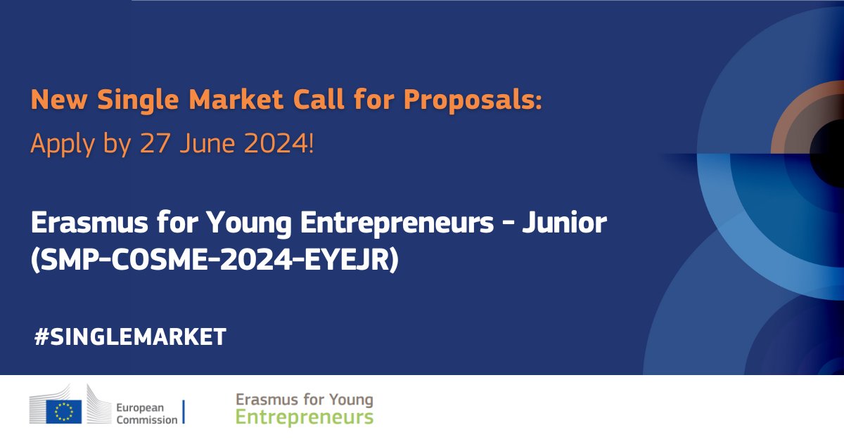 📢 New Erasmus for Young Entrepreneurs call!

This call aims to select Intermediary Organisations to implement the #EYE programme at local level. They will be responsible for recruiting &amp; matching #entrepreneurs with host entrepreneurs.

Learn more 👉 europa.eu/!KXpGV7