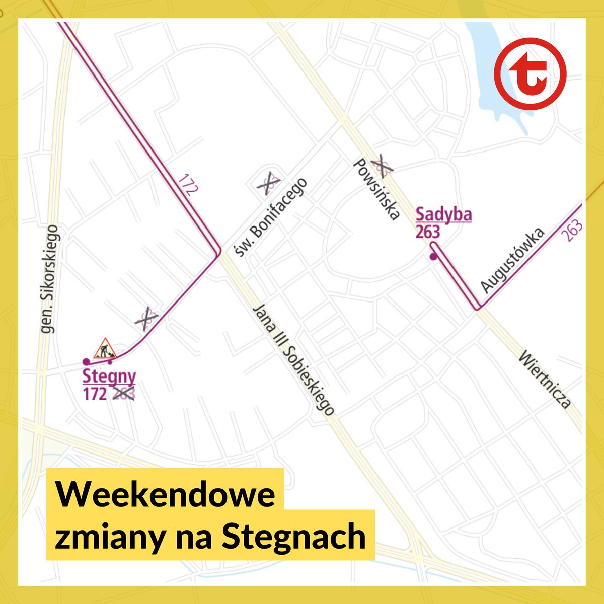 🚌 W związku z zamknięciem wjazdu na pętlę Stegny, w najbliższy weekend #BUS linii 172 będą kończyły i zaczynały trasę z przystanków Stegny przy ul. Św. Bonifacego. Z kolei 263 dojadą tylko do pętli Sadyba. Przepraszamy za utrudnienia