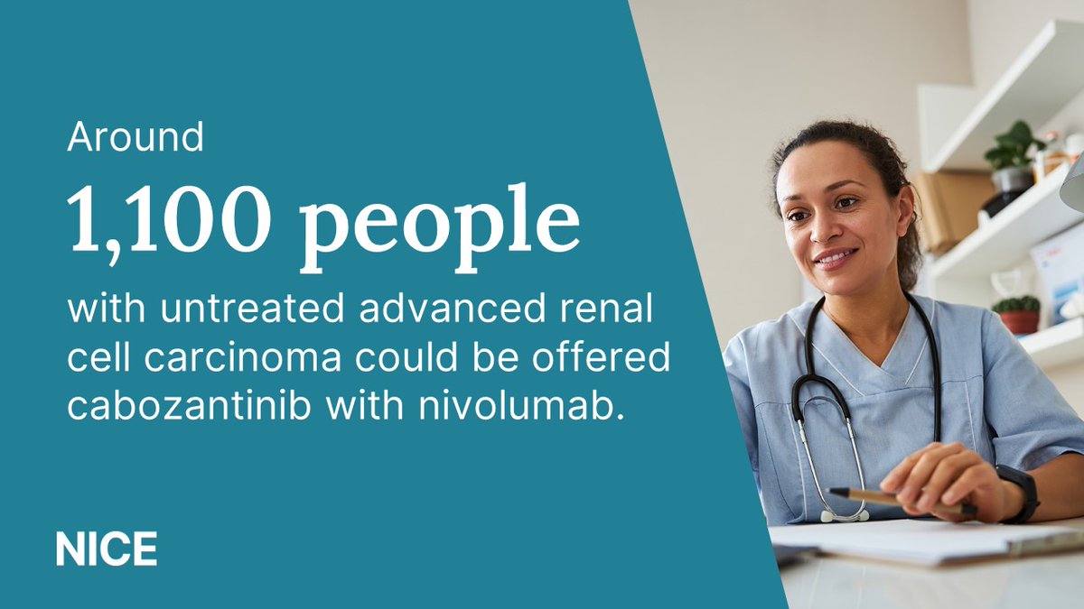 People with advanced kidney cancer could benefit after a new combination treatment was recommended in final guidance today.

Cabozantinib with nivolumab for untreated advanced renal cell carcinoma can be offered to people in England.

Learn more: nice.org.uk/guidance/ta964… #NICENews