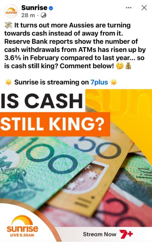 This was a post on Sunrise yesterday. It appears news of cash being dead is greatly exaggerated. Keep more in your pocket and less in the banks. #Cash is King!