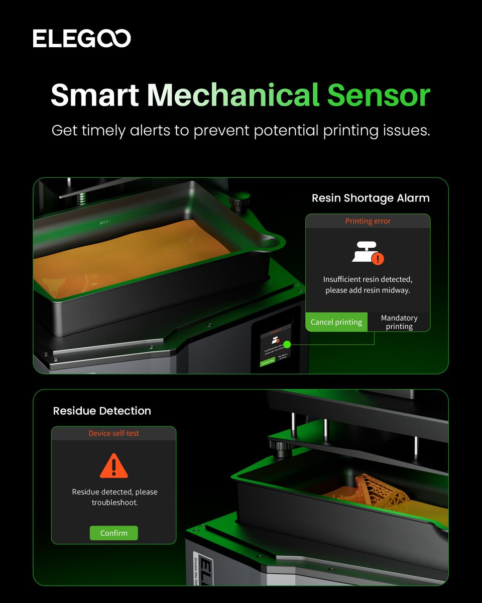 [#ELEGOOSaturn4Ultra] [Smart Mechanical Sensor🛎] Our Saturn 4 Ultra LCD 3d printer incorporates a new and reliable mechanical sensor detection system to enhance overall printing safety and reliability. This sensor can help detect residue on the build plate, debris in the vat…