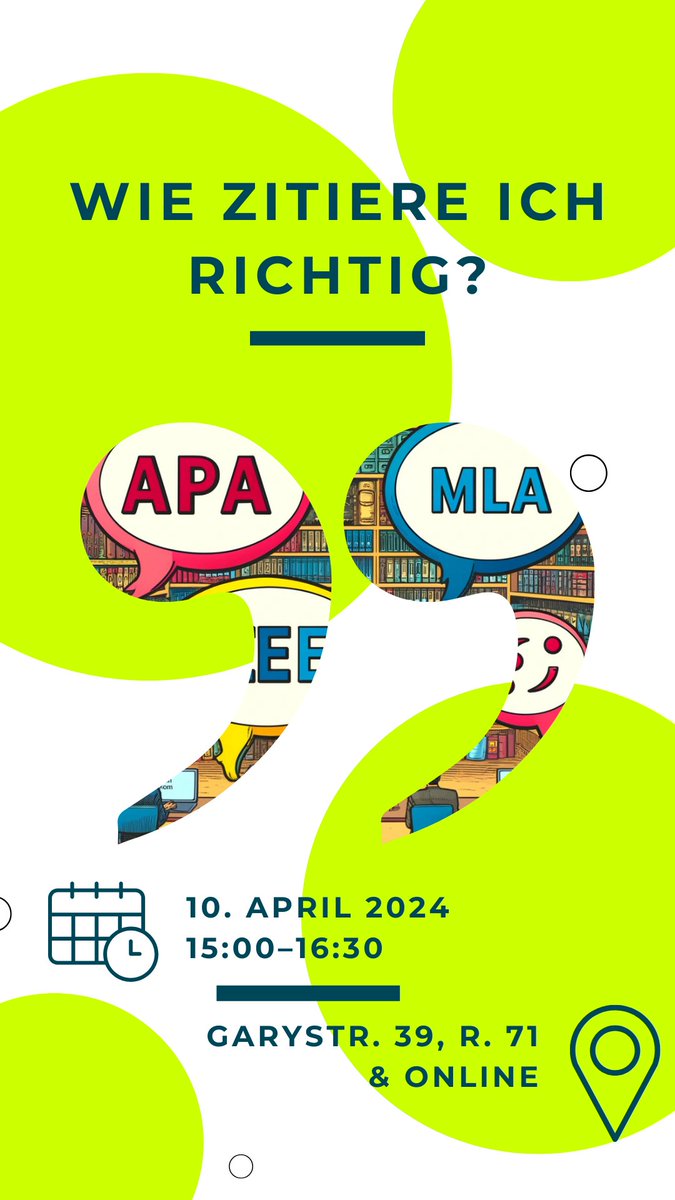 📢 Heute um 15 Uhr findet unser Hybrid-Kurs zum Thema "Wie zitiere ich richtig?" statt ➡️ fu-berlin.de/sites/ub/ueber…
Treffpunkt ist die Zentralbibliothek (Garystr. 39, Raum 71 im EG) oder aber online via Webex ➡️ fu-berlin.webex.com/fu-berlin/j.ph…
Wir freuen uns über eure Teilnahme 😉!