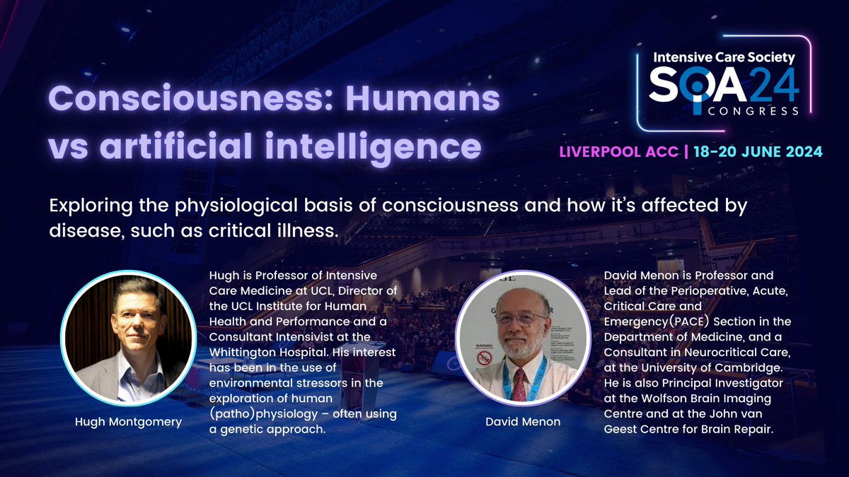 Our #SOA24 opening plenary will cover the physiological basis of consciousness and how it’s affected by disease. Hugh Montgomery and @Menon_Cambridge have a fascinating session in store to kick off the intensive care event of the year, so don’t miss out. ics.ac.uk/soa