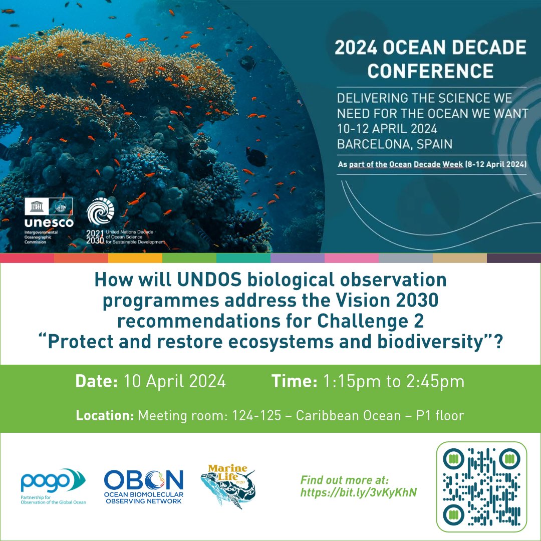 Today! Join @POGO_Ocean, @OBON_Ocean and @MarineLife2030 at #oceandecade24 in Barcelona. Our panel will be discussing the recommendations from the Challenge 2 white paper ➡ Wed 10 April ➡ 1.15pm CEST ➡ Room 124-125 More details: obon-ocean.org/2024/03/21/sat… @UNOceanDecade