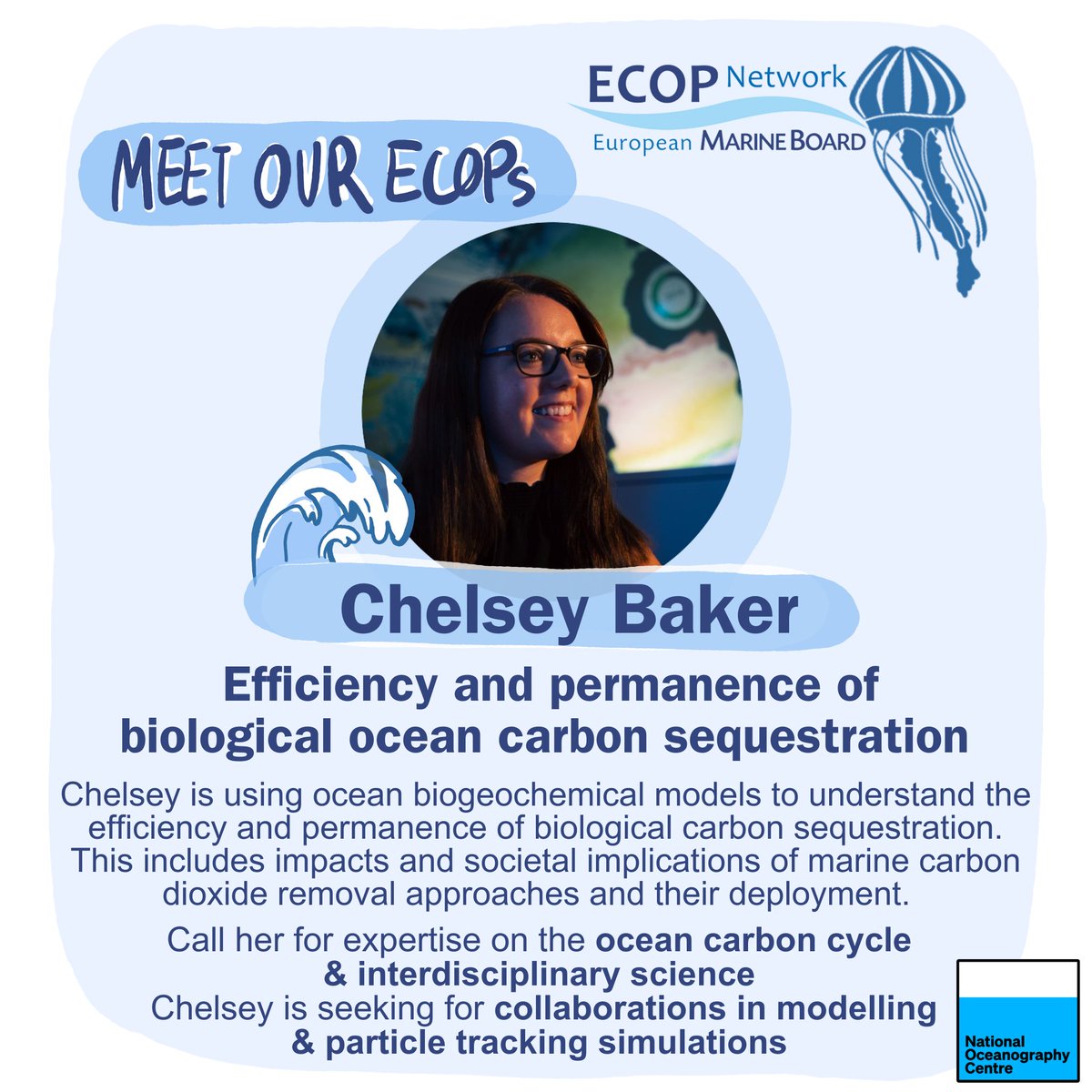 We present @ChelseyABaker for our third post of this #MeeOurECOPs week ! She is working at @NOCnews  on carbon sequestration and marine biogeochemical cycles. A key topic for global changes (go see the Blue Carbon policy brief from @EMarineBoard).