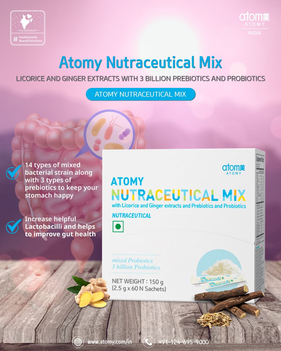 Unlock the secret to a happy stomach! Atomy Nutraceutical Mix combines the goodness of licorice and ginger extracts with a potent blend of 14 mixed bacterial strains and 3 types of prebiotics. Say hello to digestive wellness!