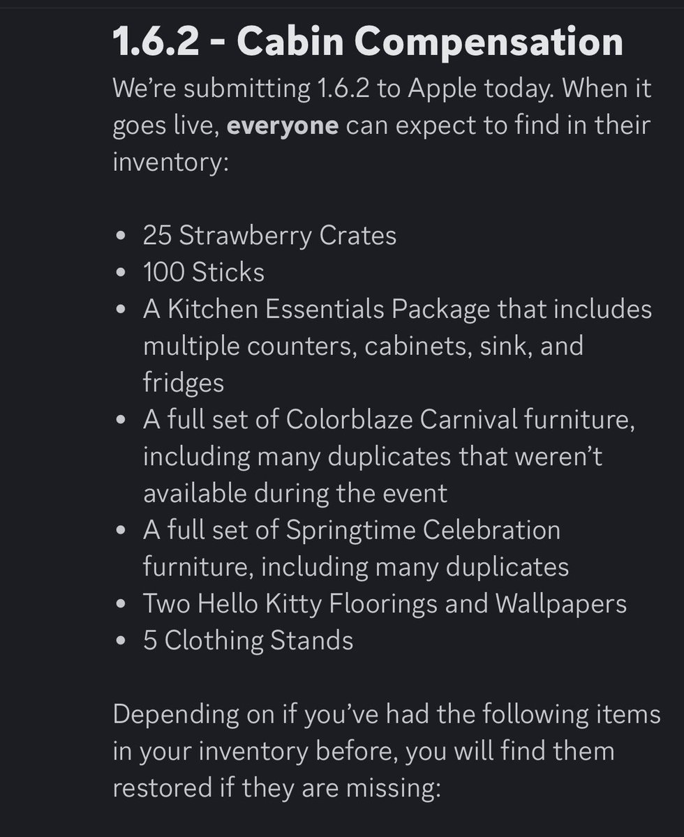 今回のアプデで無くなった家具以外にもイチゴの木箱25個、木の枝100本、その他色々補償されるみたいです #ハローキティアイランドアドベンチャー