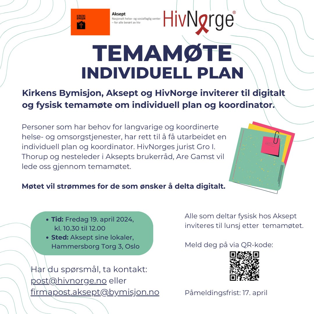 Personer som har behov for langvarige og koordinerte helse- og omsorgstjenester, har rett til å få utarbeidet en individuell plan og koordinator. Ønsker du å lære mer om individuell plan? Les mer og meld deg på her: hivnorge.no/kalender/indiv…