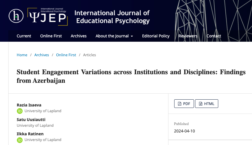 Do not miss the latest #onlinefirst in International Journal of Educational Psychology #IJEP #OpenScience 'Student Engagement Variations across Institutions and Disciplines: Findings from Azerbaijan' by Isaeva et al. @ulapland Check the new content! 🧐 hipatiapress.com/hpjournals/ind…
