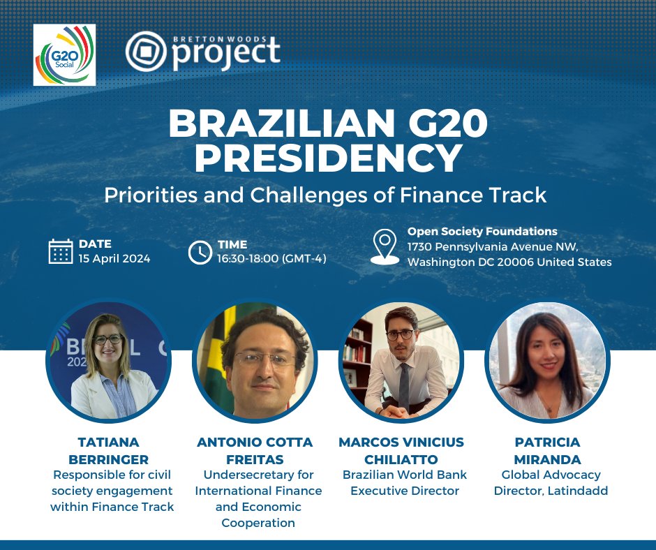 📢JOIN US for an in-person discussion with members of @g20org social, MDBs officials and CSOs to discuss the G20 Presidency's finance track priorities and challenges 📅 Mon 15/04 🕐 4:30-6pm (GMT-4) 🏢 Open Society Foundations RSVP by Thursday 11/04👇 forms.gle/1w8wRFb8S6bg5S…