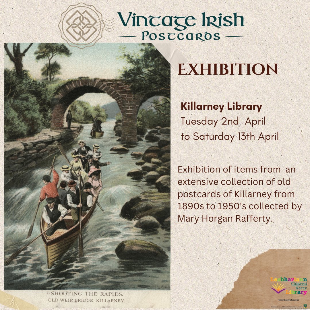 VINTAGE IRISH POSTCARD DISPLAY on display in Killarney Library until Saturday 13th April. Vintage Killarney Postcards from 1895 to 1950s. Historical Killarney places, street views, buildings, tourism, scenic views. And a peek at some messages & what visitors thought too!