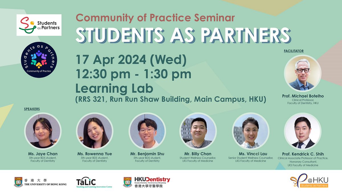 TALICHKU's tweet photo. 📢 The upcoming #StudentAsPartners seminar will feature three initiatives in the Faculty of Dentistry @facdent and the Li Ka Shing Faculty of Medicine @hkumed.🦷🧪
Save the date and join us 📆. Don't miss the chance to ignite your own spark of innovation💡.
#TALIC_Event #HKU https://t.co/TmXUnggOGw