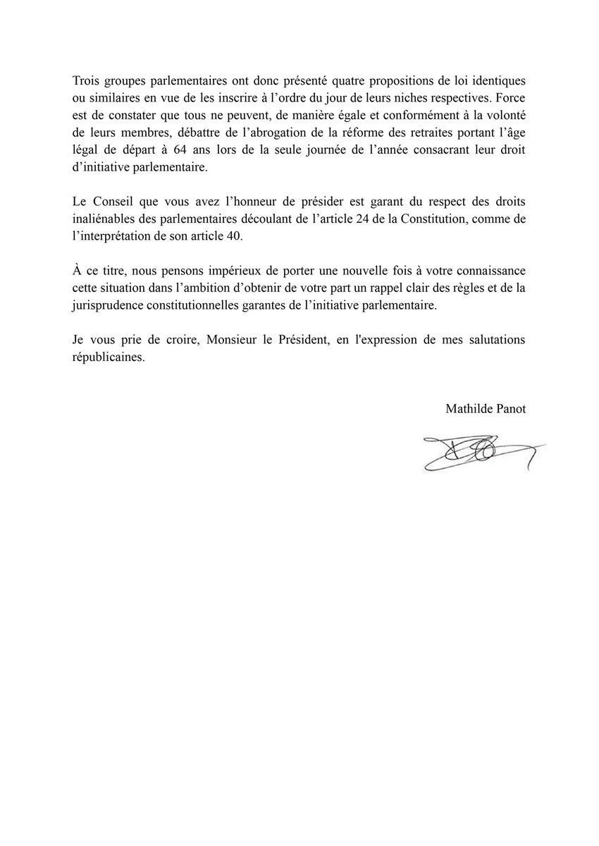 🔴📑 Aujourd'hui au Sénat sera discutée l'abrogation de la retraite à 64 ans. Les mêmes propositions de loi ont été censurées à l’Assemblée nationale ! Cette différence de traitement est intolérable. @MathildePanot écrit à @LaurentFabius, Président du @Conseil_constit ⤵️