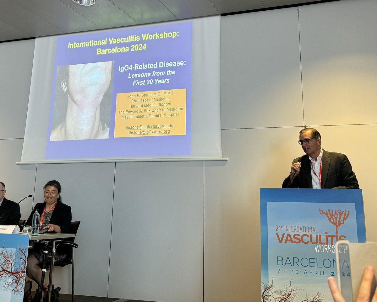 Mensajes claves de la estupenda charla del Dr. John Stone en <a href="/VasculitisBCN24/">Vasculitis Workshop Barcelona #VasculitisBCN2024</a> : 1. La enfermedad relacionada con IgG4 es una Vasculitis, 2. Es más frecuente y agresiva en hombres, 3. No tiene un hallazgo histopatológico patognomónico …
