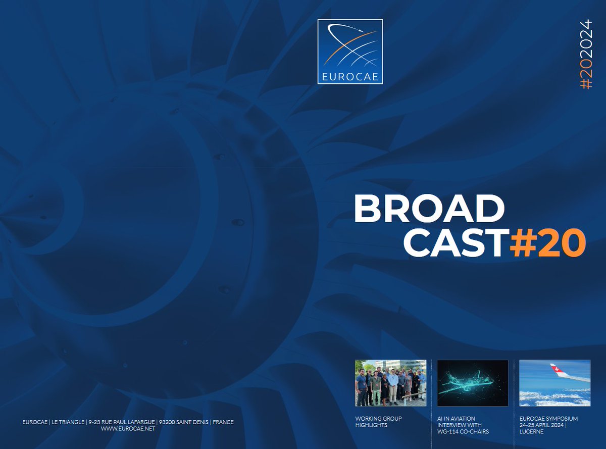 📰 The latest edition of the #EUROCAE Broadcast has just been released! Here's what you'll find inside: ⭐ Highlights from Working Groups ⭐ Insights from our Director General ⭐ Exclusive interview with the co-chairs of WG-114 on #AI ⭐ Latest News from EUROCAE ➡️…