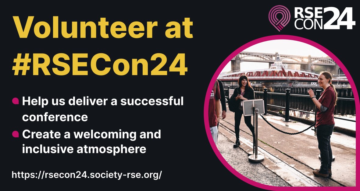 Would you like to help make #RSECon24 the best yet? 
Want to expand your network in the RSE community? 
Want to attend the conference and social events FOR FREE? 

Answer our call for volunteers, open now until 14th June! 👉rsecon24.society-rse.org/calls/voluntee…