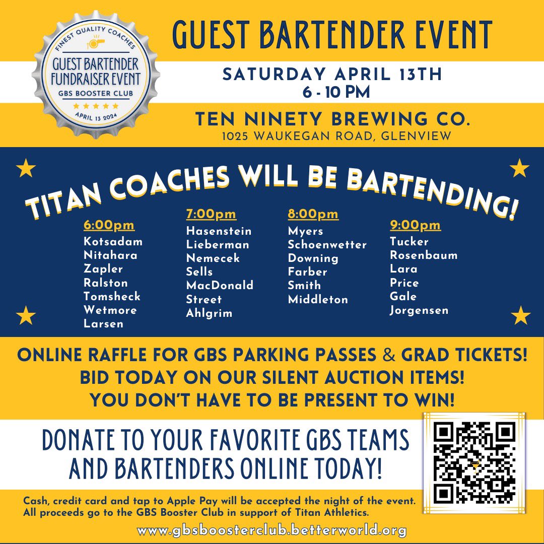 📣 Our Titan Coach line-up for Saturday night. Bidding, tipping, &amp; raffle ticket purchases happening now at gbsboosterclub.betterworld.org
See you at Ten Ninety! <a href="/GBS_Athletics/">Glenbrook South Athletics</a> <a href="/GBStitanFB/">GBS Titans Football</a> <a href="/gbs_titansoccer/">Glenbrook South Boys Soccer</a> <a href="/GBS_GirlsSoccer/">Glenbrook South Girls Soccer</a> <a href="/GbsWrestling/">GBS Wrestling</a> <a href="/GBS_GirlsBball/">Glenbrook South Girls Basketball</a> <a href="/gbsboysvolley/">Glenbrook South Boys Volleyball</a> <a href="/GbsPolo/">GBS Boys Water Polo</a>