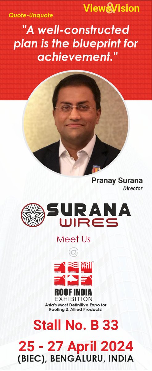 Industry Invitation for a Grand Business Carnival at Bangalore 
SURANA WIRES PRIVATE LIMITED - India

#aHyveEvent #roofindiaexpo2024  #Welcomeonboard 
#polycarbonateroofing #Architects  #StructuralEngineers #FactoryBuilders #polycarbonateroofing #corrugatedsheets  #rooffasteners