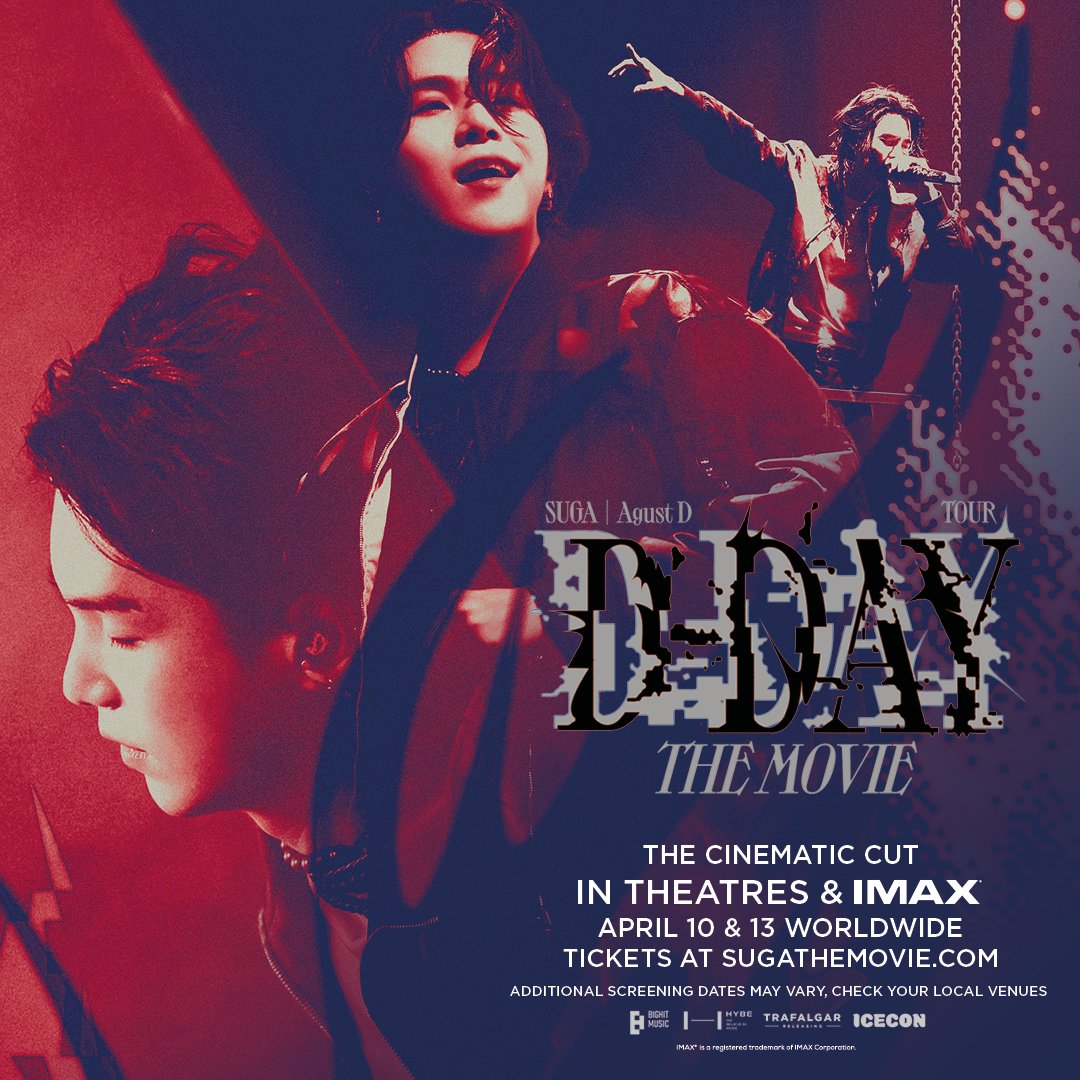 <SUGA | Agust D TOUR ‘D-DAY’ THE MOVIE> The cinematic cut arrives today in theatres & @IMAX around the world! 📅 More screenings on Saturday 🔗 Tickets at sugathemovie.com *Additional screening dates may vary, check local venues. #SUGA #AgustD #슈가 #D_DAY_THEMOVIE