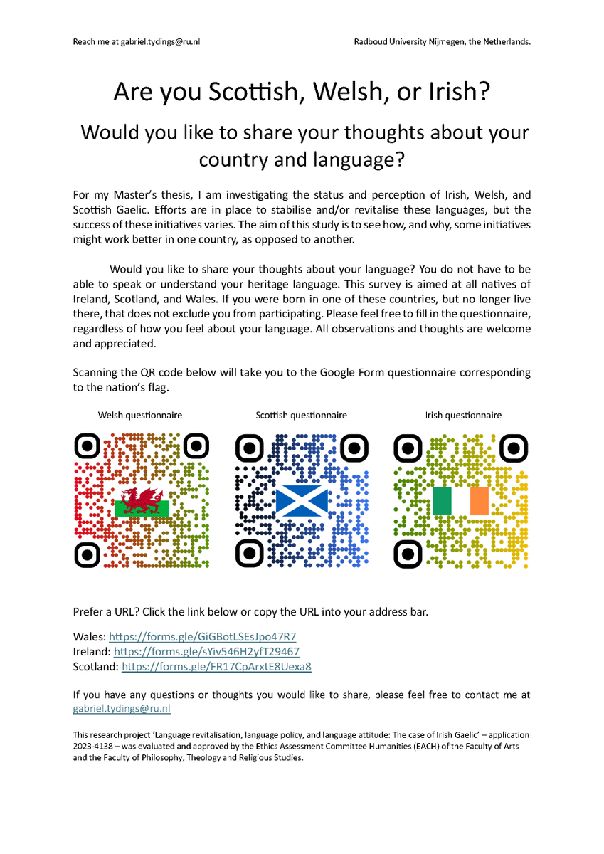 Would you like to help a student from the Netherlands with his research into people's attitude to the Welsh language? Why not fill out the questionnaire: Cymru/Wales: forms.gle/GiGBotLSEsJpo4… Iwerddon/Ireland: forms.gle/sYiv546H2yfT29… Yr Alban/Scotland: forms.gle/FR17CpArxtE8Ue…