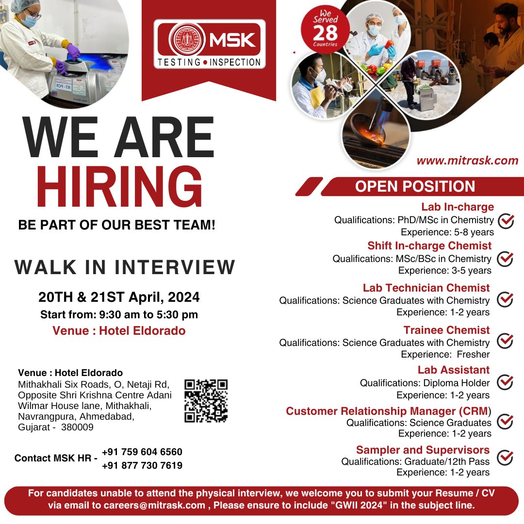 #jobopening #hiring #walkininterview #gujaratjobs #chemistryjobs #LabJobs #careeropportunity #qualityassurance #ahmedabadjobs #jobsearch #employmentopportunity #chemistrygraduates #JobAlert #jobvacancy #jobopportunity #MSKCareers
To know more visit linkedin.com/feed/update/ur…