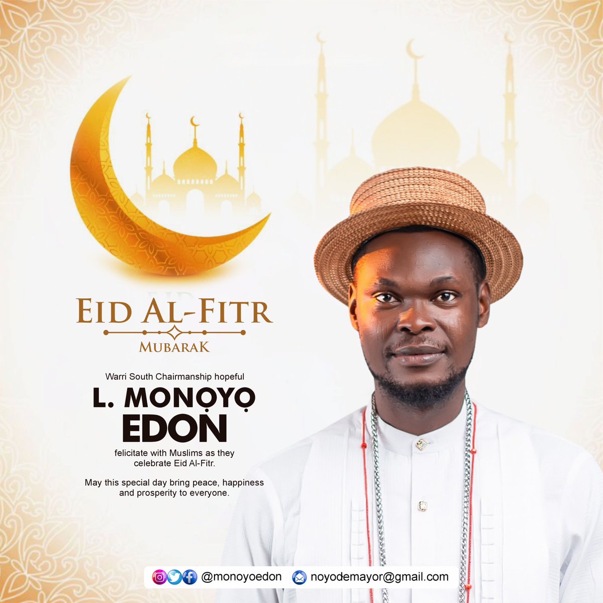 May this Eid herald peace, love and prosperity to all Muslim Faithfuls in Warri South and across the world! I celebrate with all my Muslim brothers and sisters! Congratulations! L. Monoyo Edon #EidMubarak
