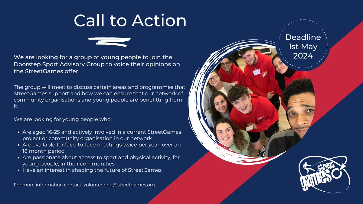 📢 Aged 16-25 and passionate about access to sport for other young people? We want to hear from you! Applications are open now to join our Doorstep Sport Advisory Group. Apply by Wednesday 1st May: forms.office.com/e/eFDz231QBW