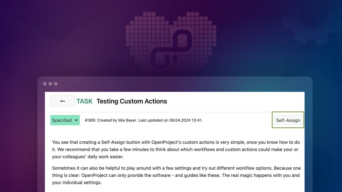 openproject's tweet photo. Do you work as an administrator with #OpenProject? Then you should take 5 minutes now and have a look at our #CustomActions (Enterprise add-on)!
Find out how to build a 'Self-assign button': https://t.co/rlPjb5O7eY
#projectmanagement #opensource #buttons #workflows https://t.co/mXHOKDLJeC