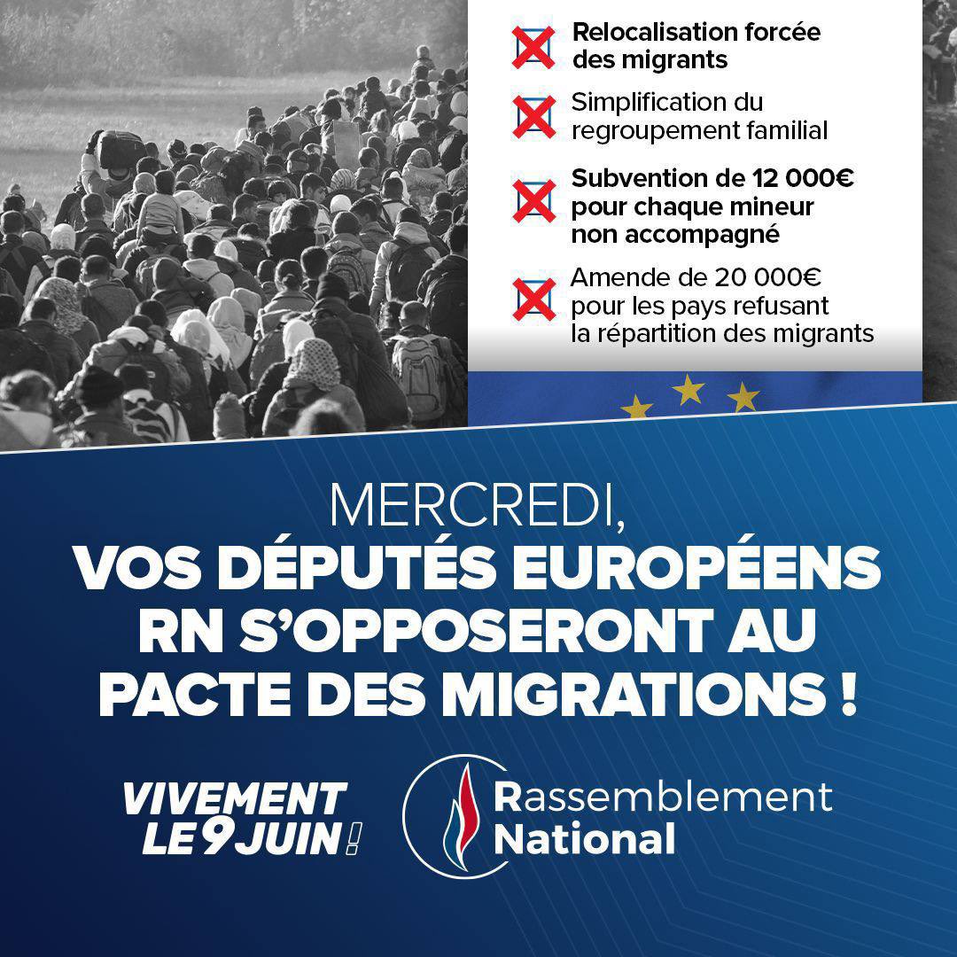❌ Relocalisation des migrants, amendes pour les pays refusant leur répartition, …

🇫🇷 Aujourd’hui, vous pourrez compter sur les députés européens du @RNational_off pour s’opposer au Pacte asile et migration !