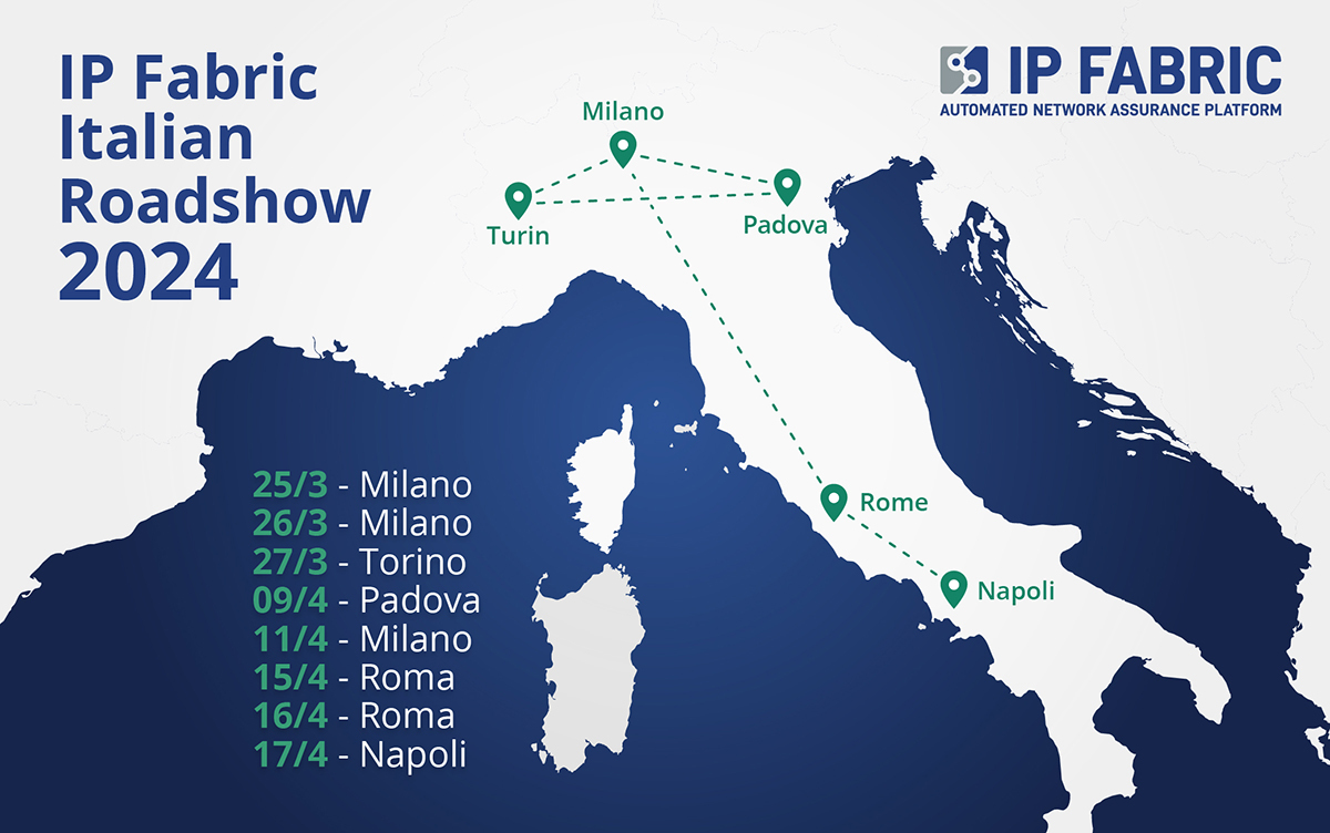 Riccardo and Lisa have resumed their odyssey across Italy as part of the IP Fabric 2024 Roadshow, this time with Cristina Ambrogio! After a stop in Padova yesterday, they're moving on to Milano, Roma and Napoli over the next week! #ItalianRoadShow #NetworkAssurance