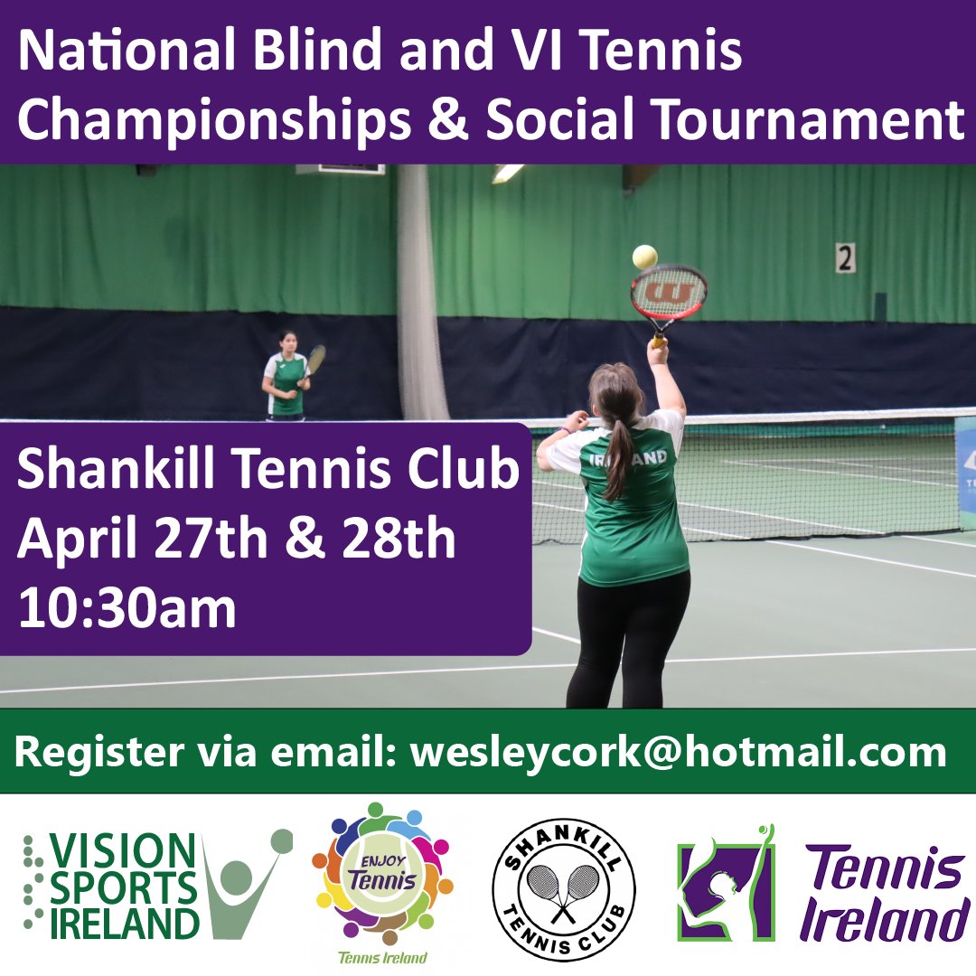 🎾 National Blind & VI Tennis Championships and Social Tournament 🎾 The annual National Championships are returning this month on April 27th & 28th at @ShankillTennis. Free entry and open to players aged 14 years and over. To register email Wes on wesleycork@hotmail.com.