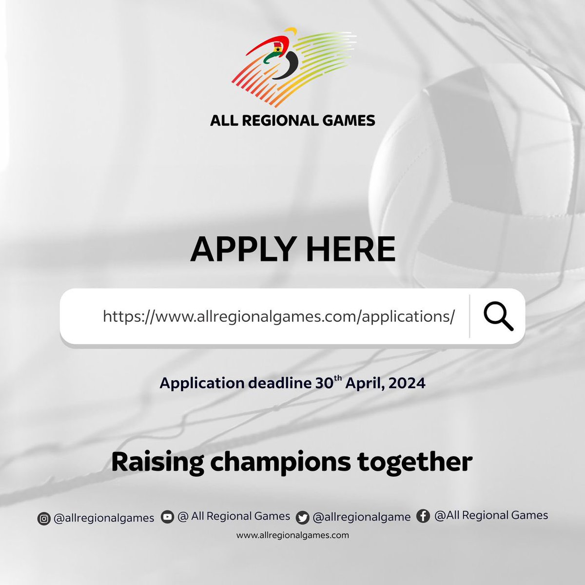 Calling all athletes. The wait is over. Registration for @allregionalgame is open. Head to shorturl.at/luV19 to secure your spot in your chosen discipline. Don't miss out. Deadline is April 30th! #AllRegionalGames #GetRegistered #SportsinGhana