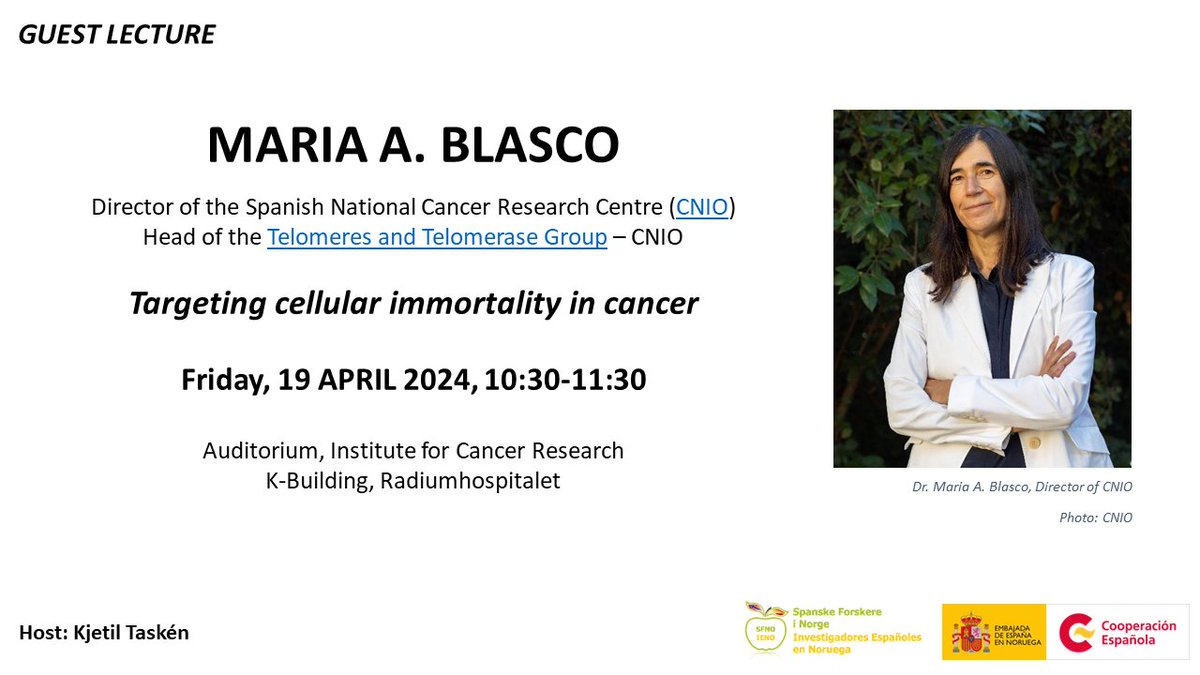 We are thrilled to announce the visit and lecture of 𝗠𝗮𝗿𝗶𝗮 𝗕𝗹𝗮𝘀𝗰𝗼, Director of @CNIOStopCancer, next friday 19 April here in Oslo! With the support of the @EmbEspNoruega and the Institute for Cancer Research. Do not miss it! Coffee and snacks will be served afterwards!