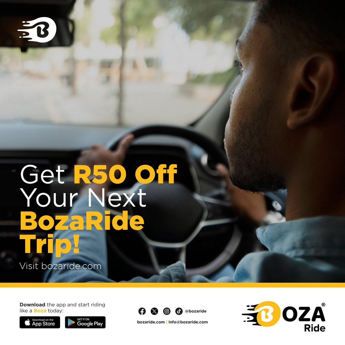 BozaRide's tweet photo. Don't miss out on this limited-time offer! Get R50 off your next BozaRide trip with promo code BOZARIDE50. Terms and conditions apply. Ride with us today and save!
#BozaRide50 #Promo
Ride Now: https://t.co/TtiJyYRtpa https://t.co/BvZISVZ3us