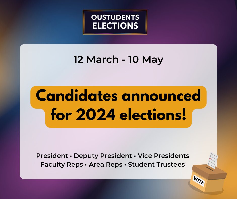 We are delighted to announce the Student Leadership and Board of Trustee Candidates for the 2024 elections! Voting opens Friday 19 April. 🗳️ Get involved and show your support by checking out the candidate profiles here: oustudents.co/3VNoYGt