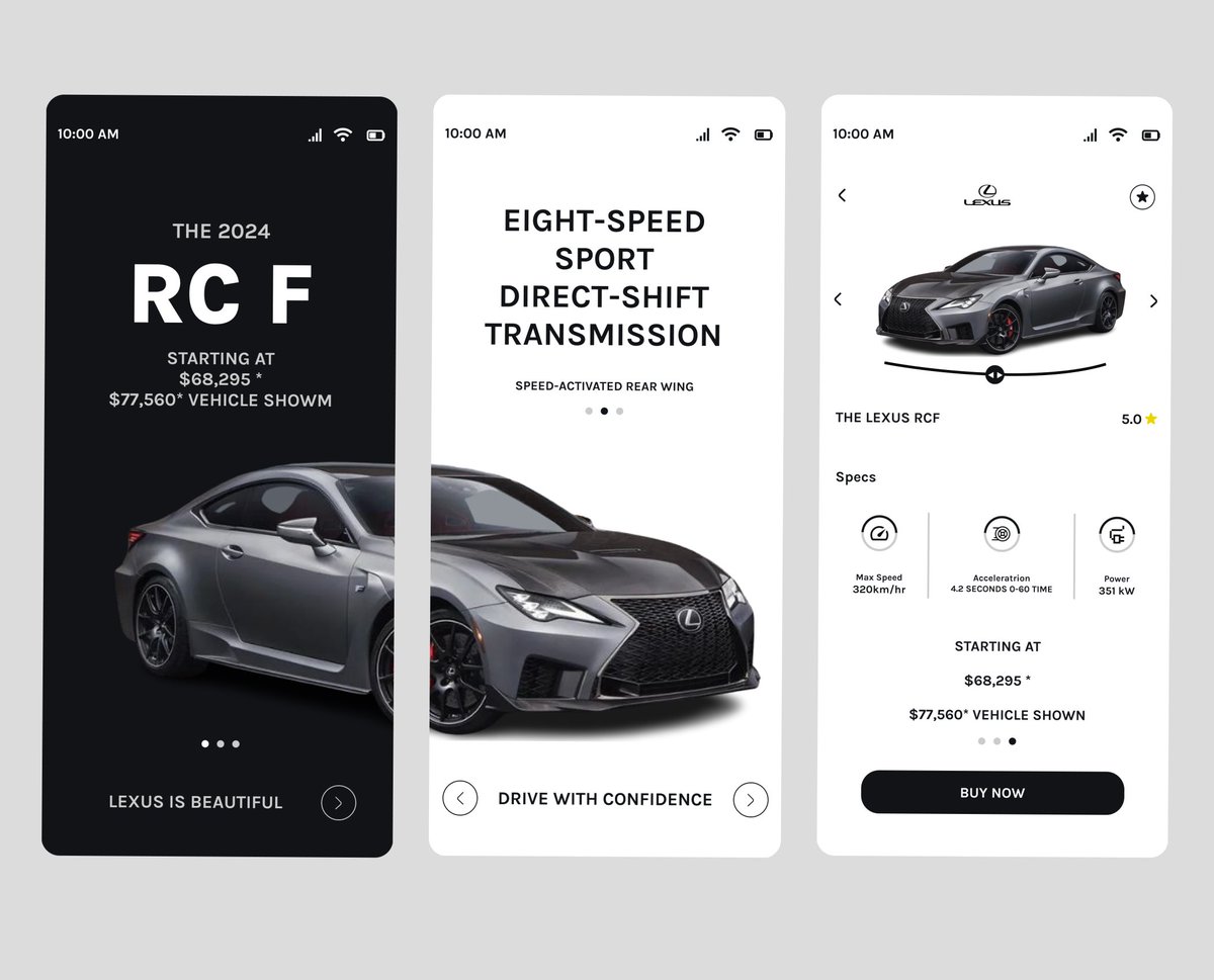 While scrolling through TikTok, I came across some gorgeous onboarding screens for a 2024 RC F Lexus mobile app and decided to replicate them in Figma 🤗 . What do you guys think? 

 #Lexus #mobileapp #design #figma #uiuxdesign