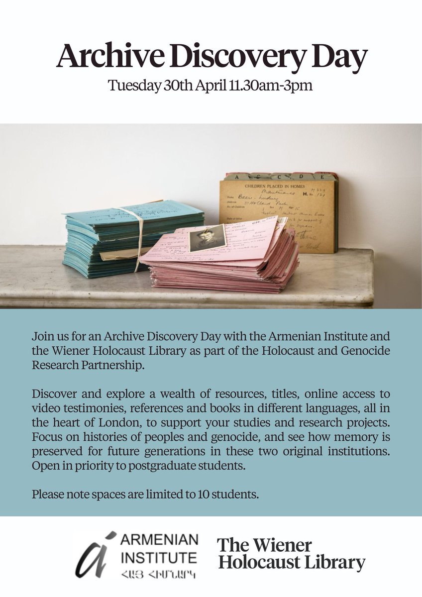 Please see details for a fantastic Archive Discovery Day on 30 April 2024 with the Armenian Institute @armenianinst and the @wienerlibrary as part of the new @hgrp_org exhibition - Genocidal Captivity: Retelling the Stories of Armenian and Yezidi Women. buff.ly/49EwWFS
